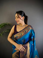 Elora Royal Blue Soft Silk Floral Butta Zari Weaving Banarasi With Peacock Zari Weaving Border | Grocsy