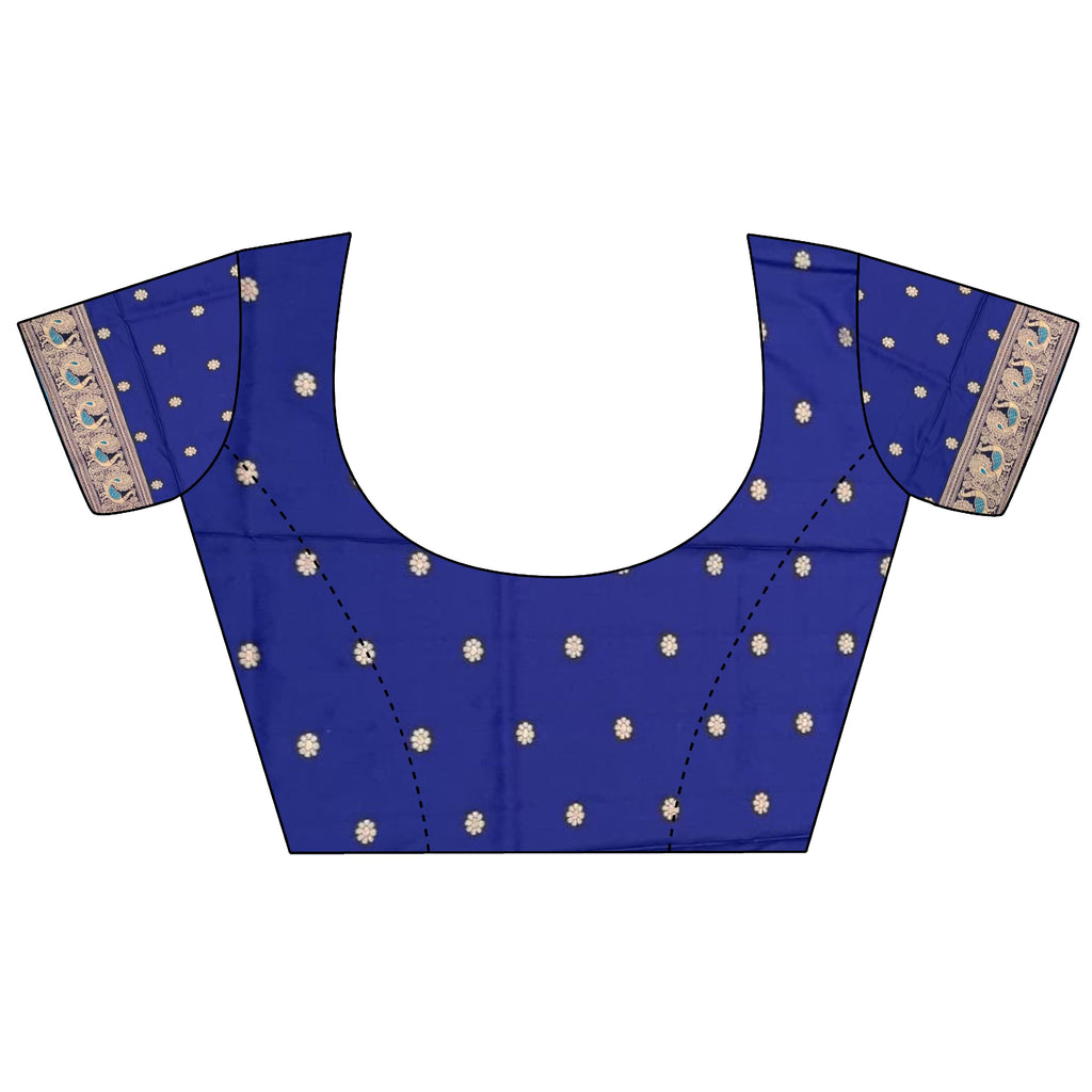 Elora Royal Blue Soft Silk Floral Butta Zari Weaving Banarasi With Peacock Zari Weaving Border | Grocsy