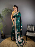 Elora Deep Teal Soft Silk Meenakari Zari Weaving Banarasi Saree | Grocsy