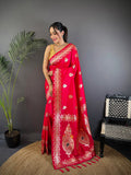 Elora Pink Soft Silk Meenakari Zari Weaving Banarasi Saree | Grocsy