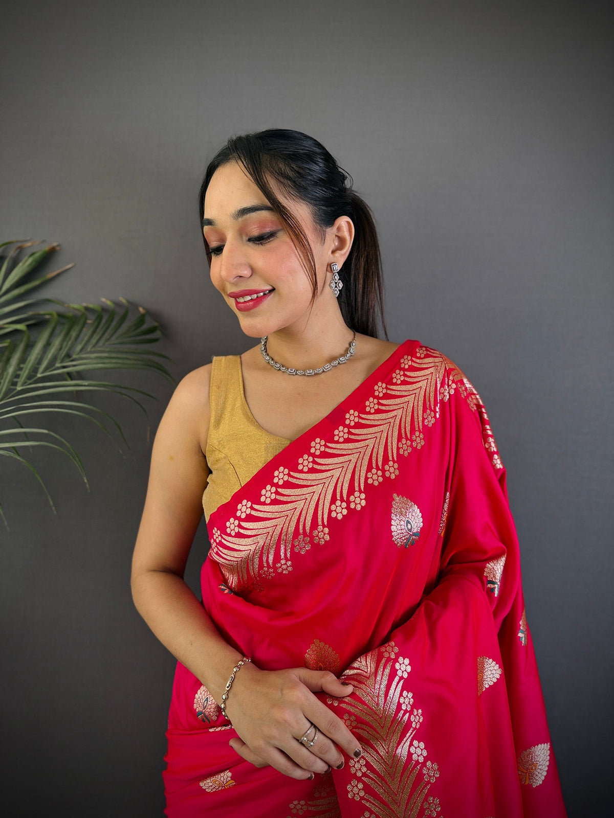 Elora Pink Soft Silk Meenakari Zari Weaving Banarasi Saree | Grocsy