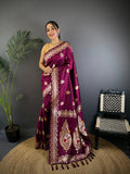 Elora Plum Soft Silk Meenakari Zari Weaving Banarasi Saree | Grocsy