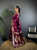 Elora Plum Soft Silk Meenakari Zari Weaving Banarasi Saree | Grocsy