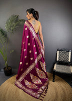 Elora Plum Soft Silk Meenakari Zari Weaving Banarasi Saree | Grocsy