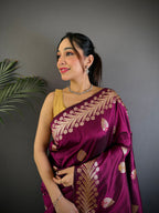 Elora Plum Soft Silk Meenakari Zari Weaving Banarasi Saree | Grocsy