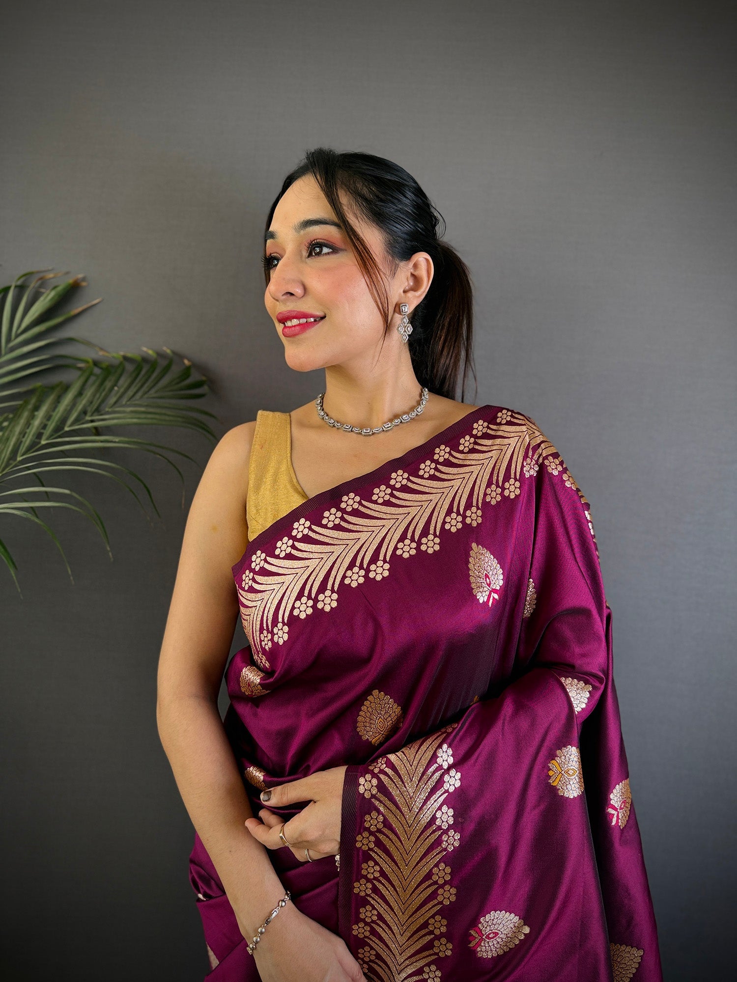 Elora Plum Soft Silk Meenakari Zari Weaving Banarasi Saree | Grocsy