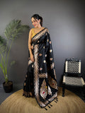 Elora Black Soft Silk Meenakari Zari Weaving Banarasi Saree | Grocsy