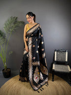 Elora Black Soft Silk Meenakari Zari Weaving Banarasi Saree | Grocsy