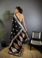 Elora Black Soft Silk Meenakari Zari Weaving Banarasi Saree | Grocsy
