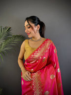 Elora Pink Soft Silk Meenakari Zari Weaving Banarasi Saree | Grocsy