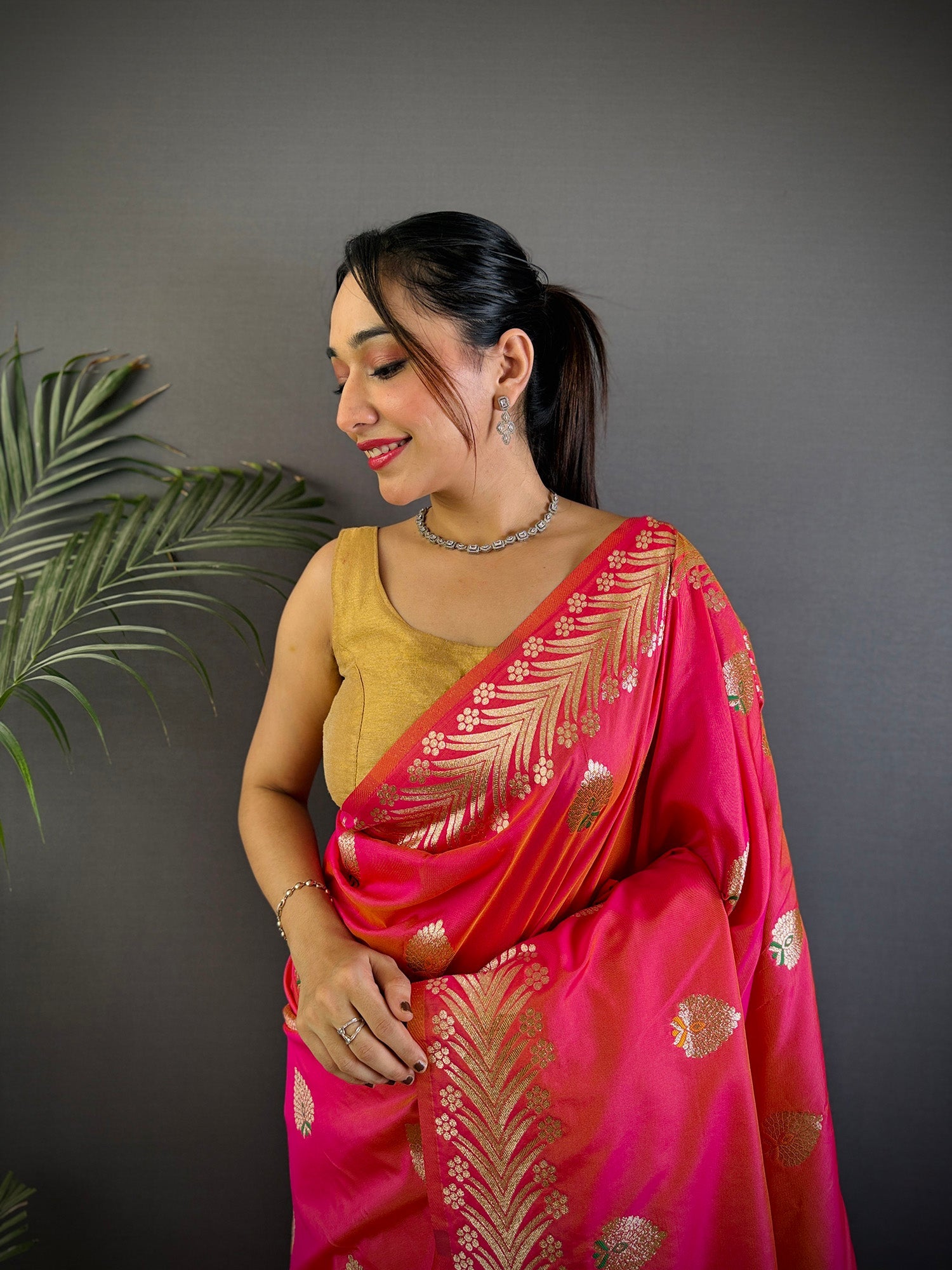 Elora Pink Soft Silk Meenakari Zari Weaving Banarasi Saree | Grocsy