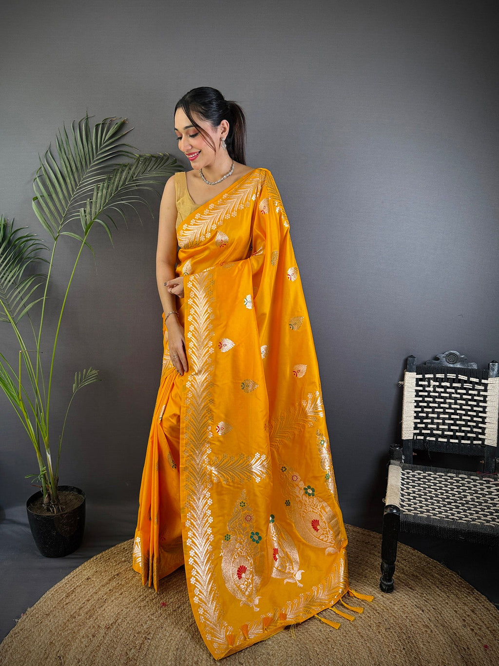Elora Orange Soft Silk Meenakari Zari Weaving Banarasi Saree | Grocsy