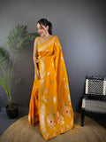 Elora Orange Soft Silk Meenakari Zari Weaving Banarasi Saree | Grocsy