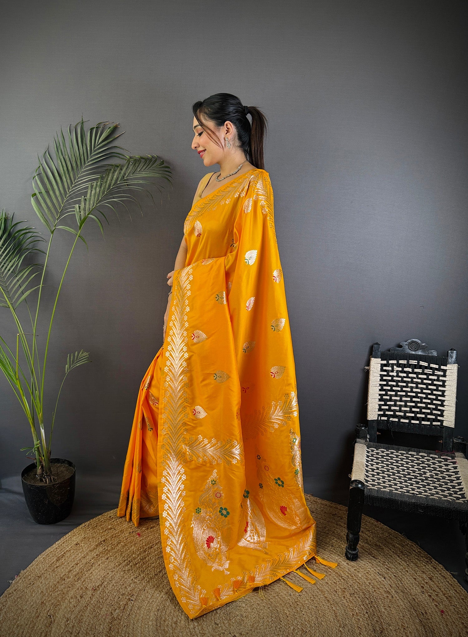 Elora Orange Soft Silk Meenakari Zari Weaving Banarasi Saree | Grocsy