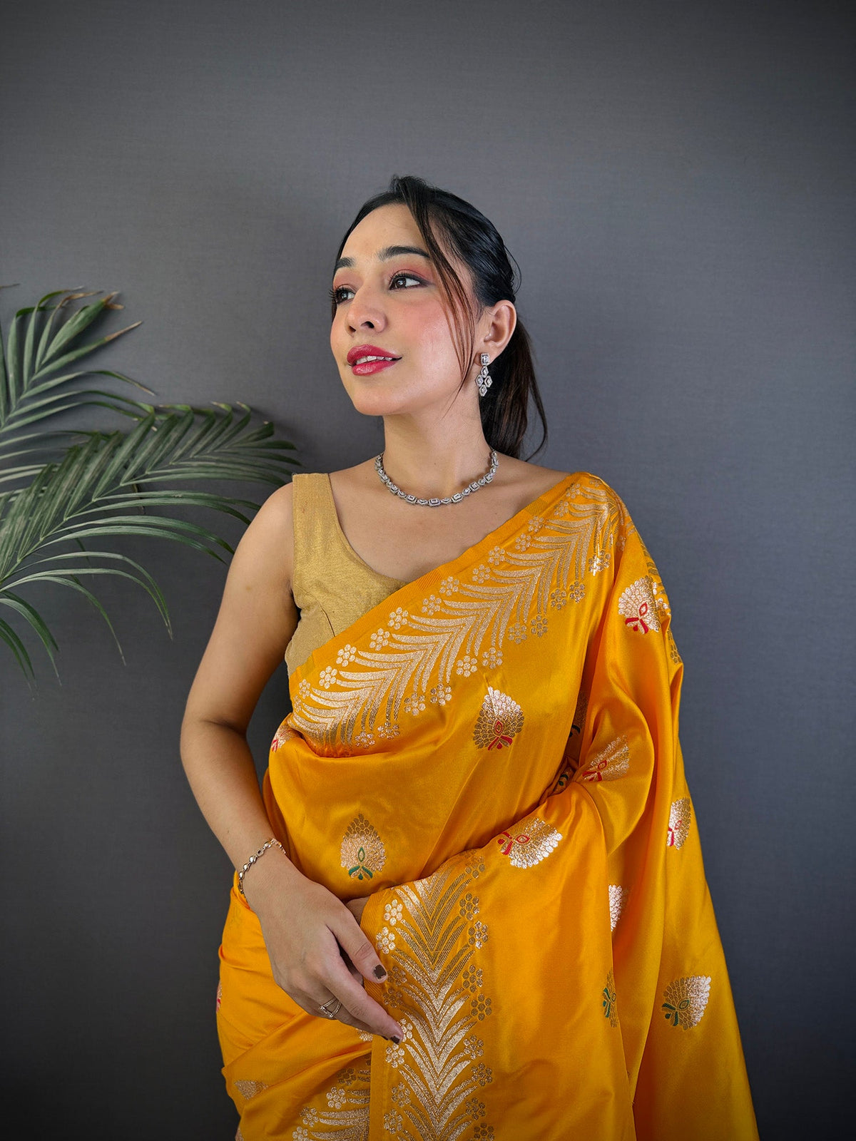 Elora Orange Soft Silk Meenakari Zari Weaving Banarasi Saree | Grocsy