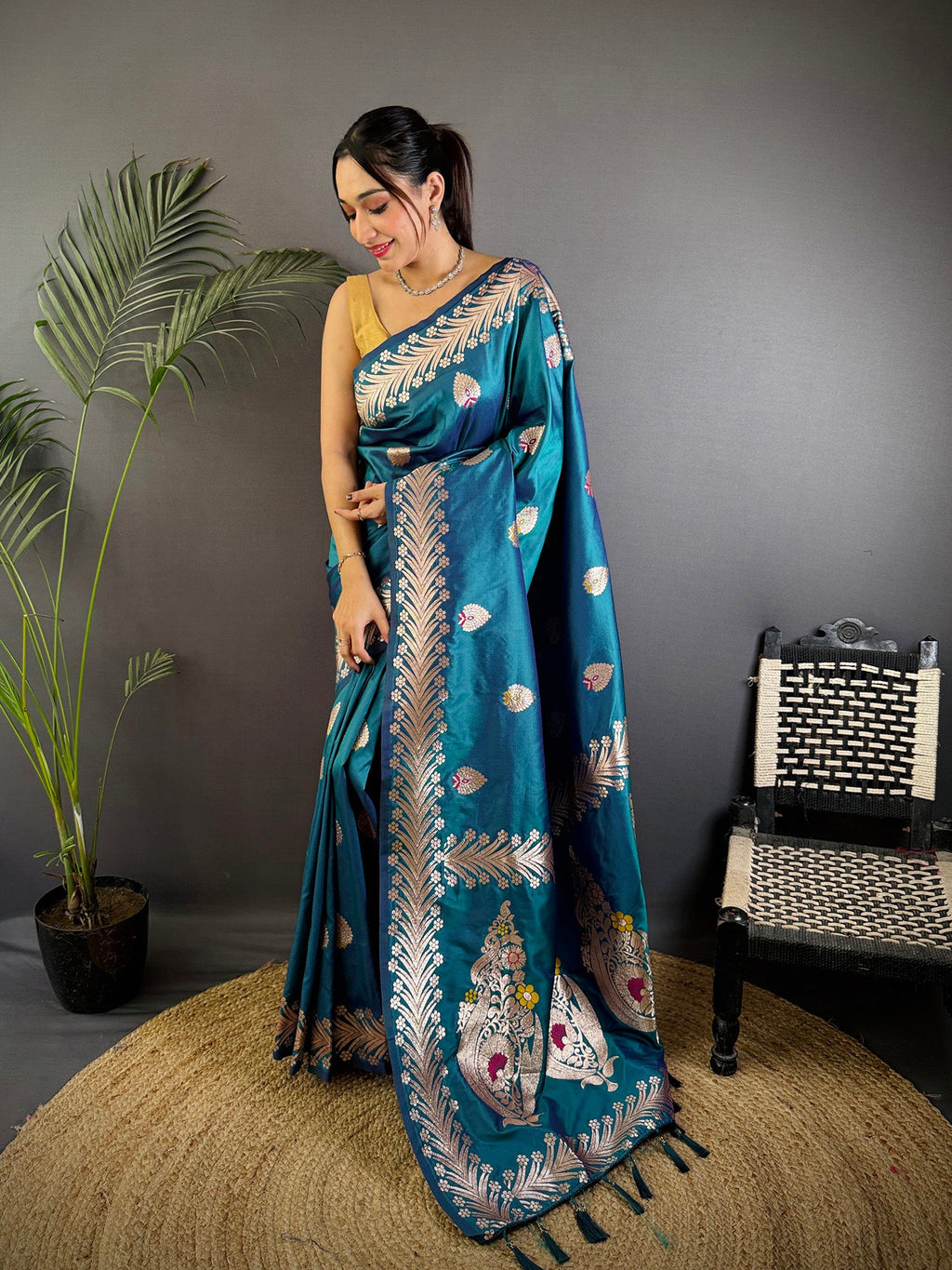 Elora Sea Blue Soft Silk Meenakari Zari Weaving Banarasi Saree | Grocsy
