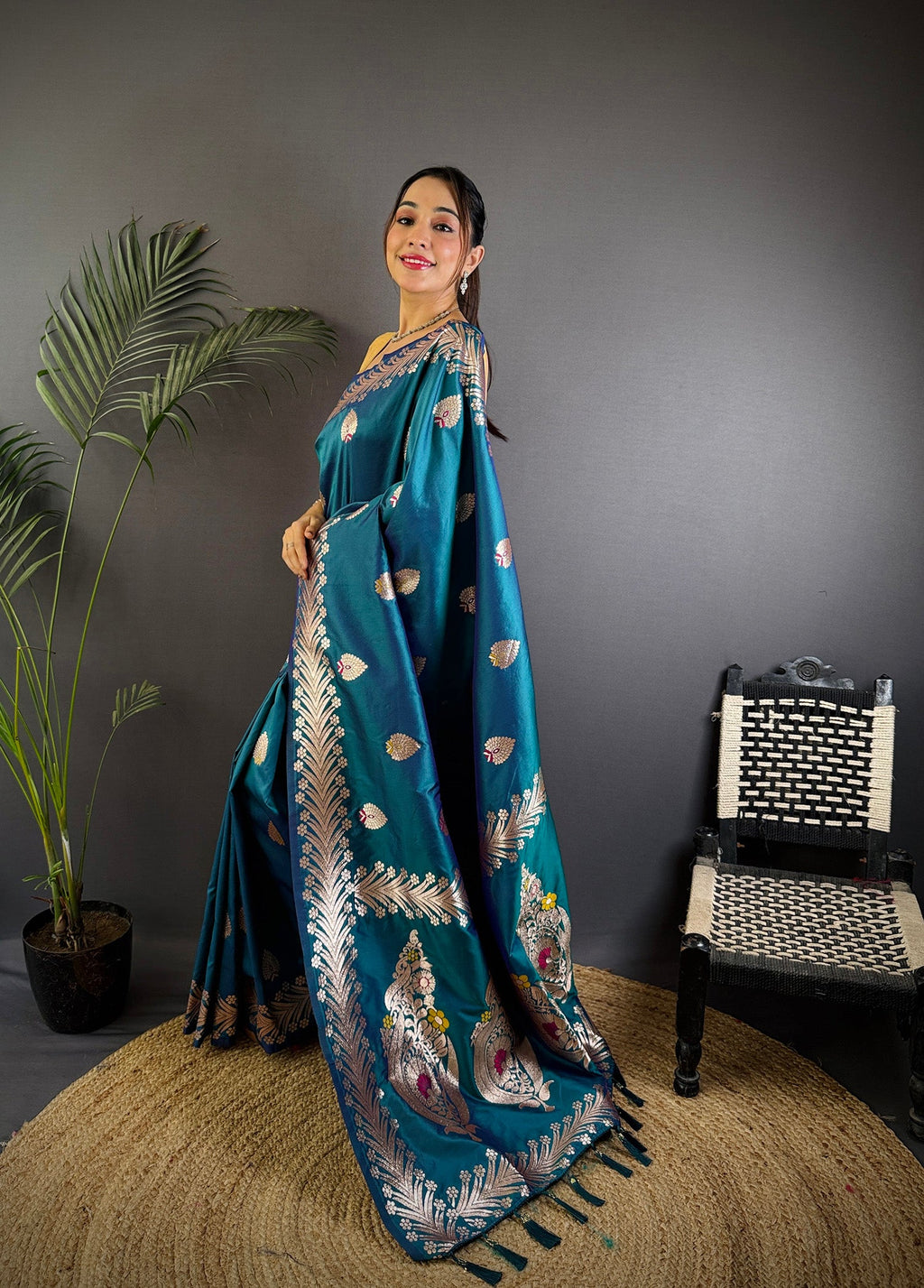Elora Sea Blue Soft Silk Meenakari Zari Weaving Banarasi Saree | Grocsy