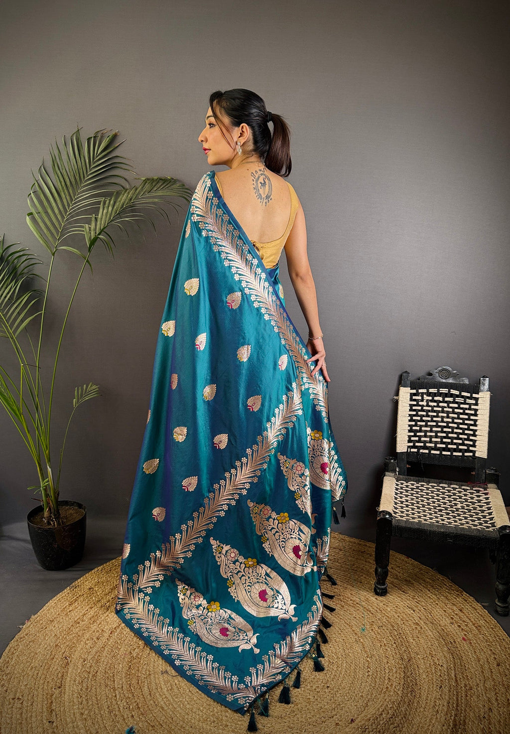 Elora Sea Blue Soft Silk Meenakari Zari Weaving Banarasi Saree | Grocsy
