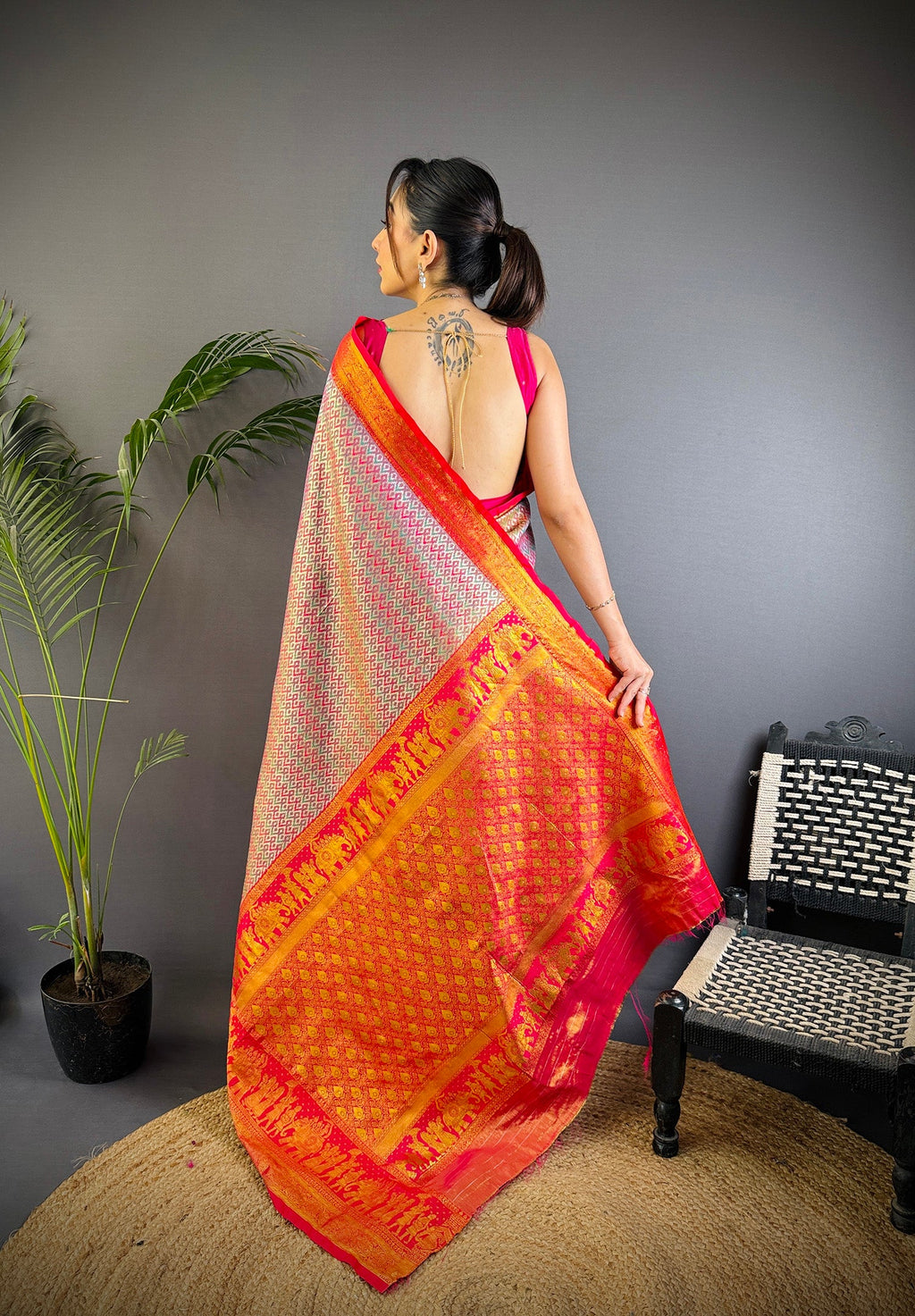 Elora Multicolor Silk Leheriya Meenakari Zari Weaves Dharmavaram Saree | Grocsy