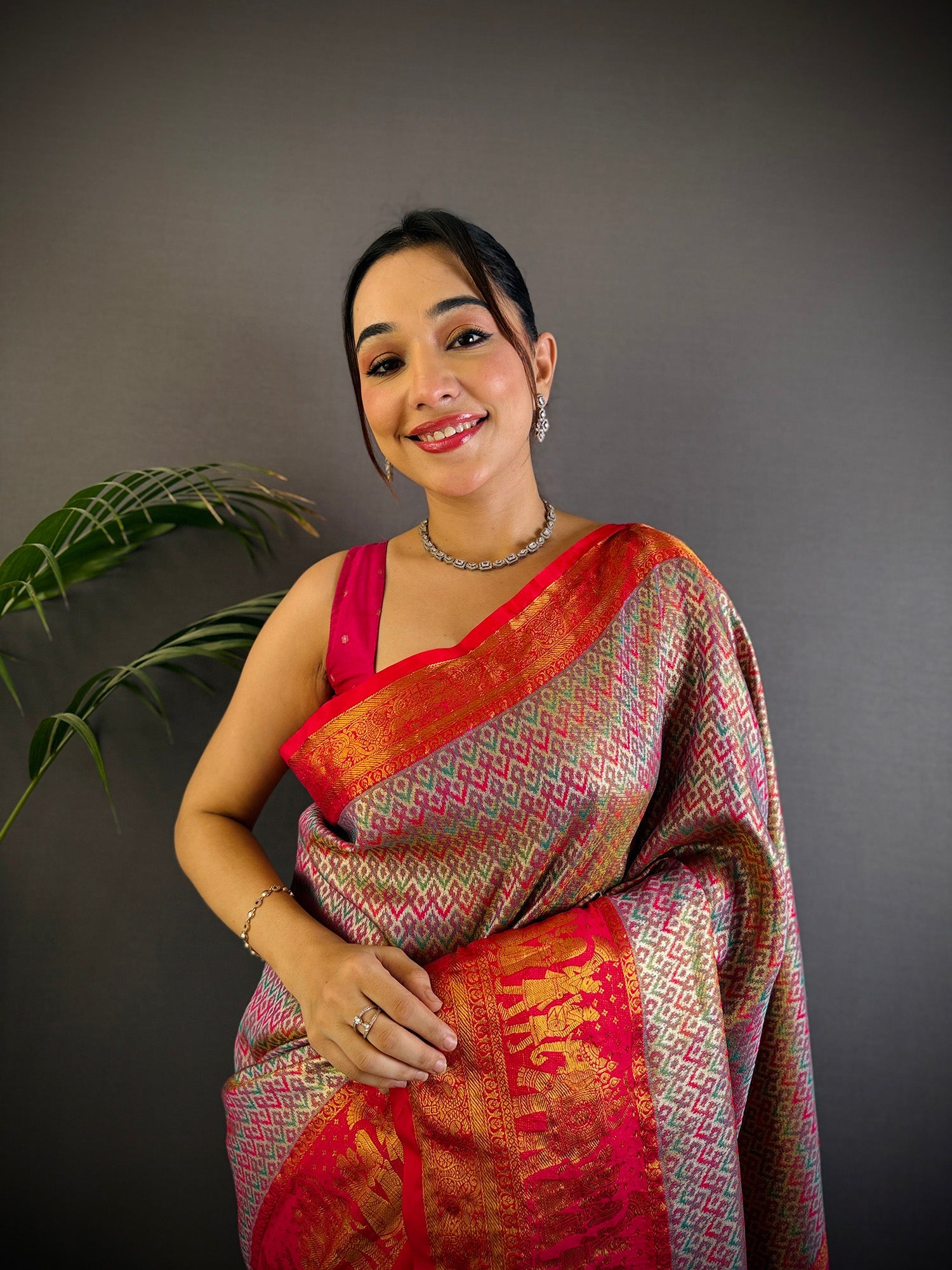 Elora Multicolor Silk Leheriya Meenakari Zari Weaves Dharmavaram Saree | Grocsy