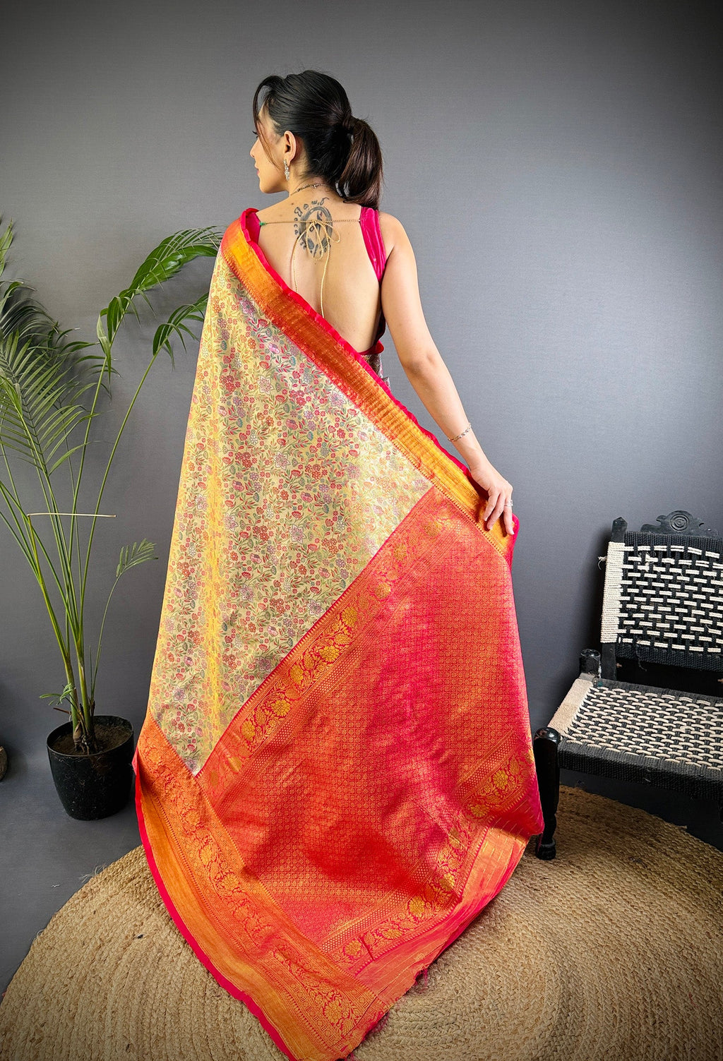 Elora Copper Silk Leheriya Meenakari Zari Weaves Dharmavaram Saree | Grocsy