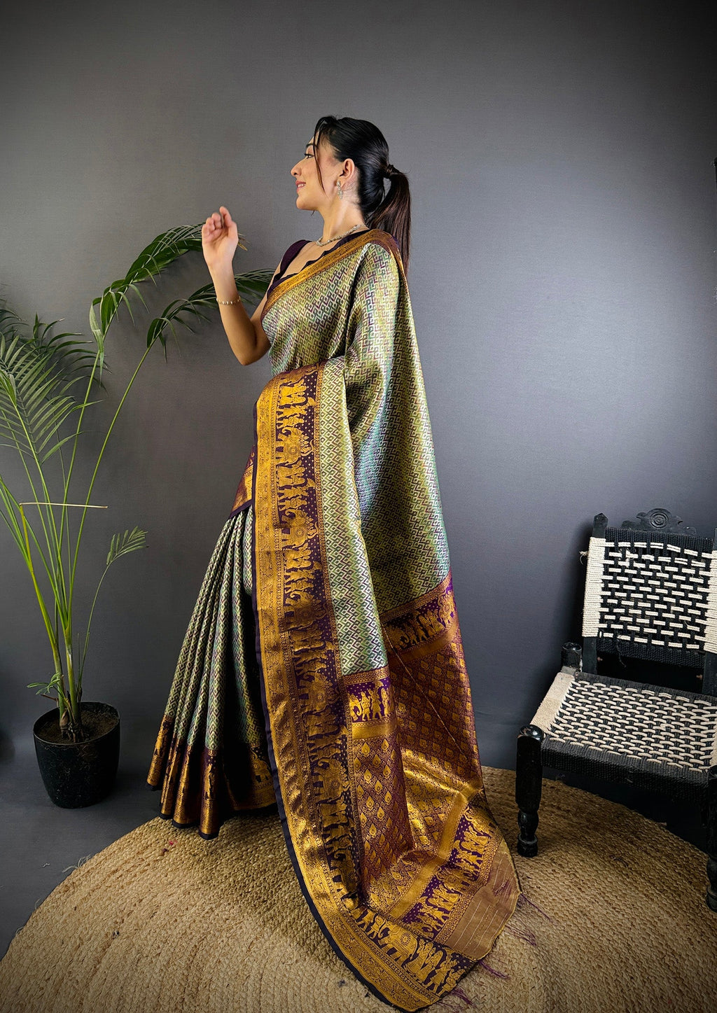 Elora Grey Silk Leheriya Meenakari Zari Weaves Dharmavaram Saree | Grocsy