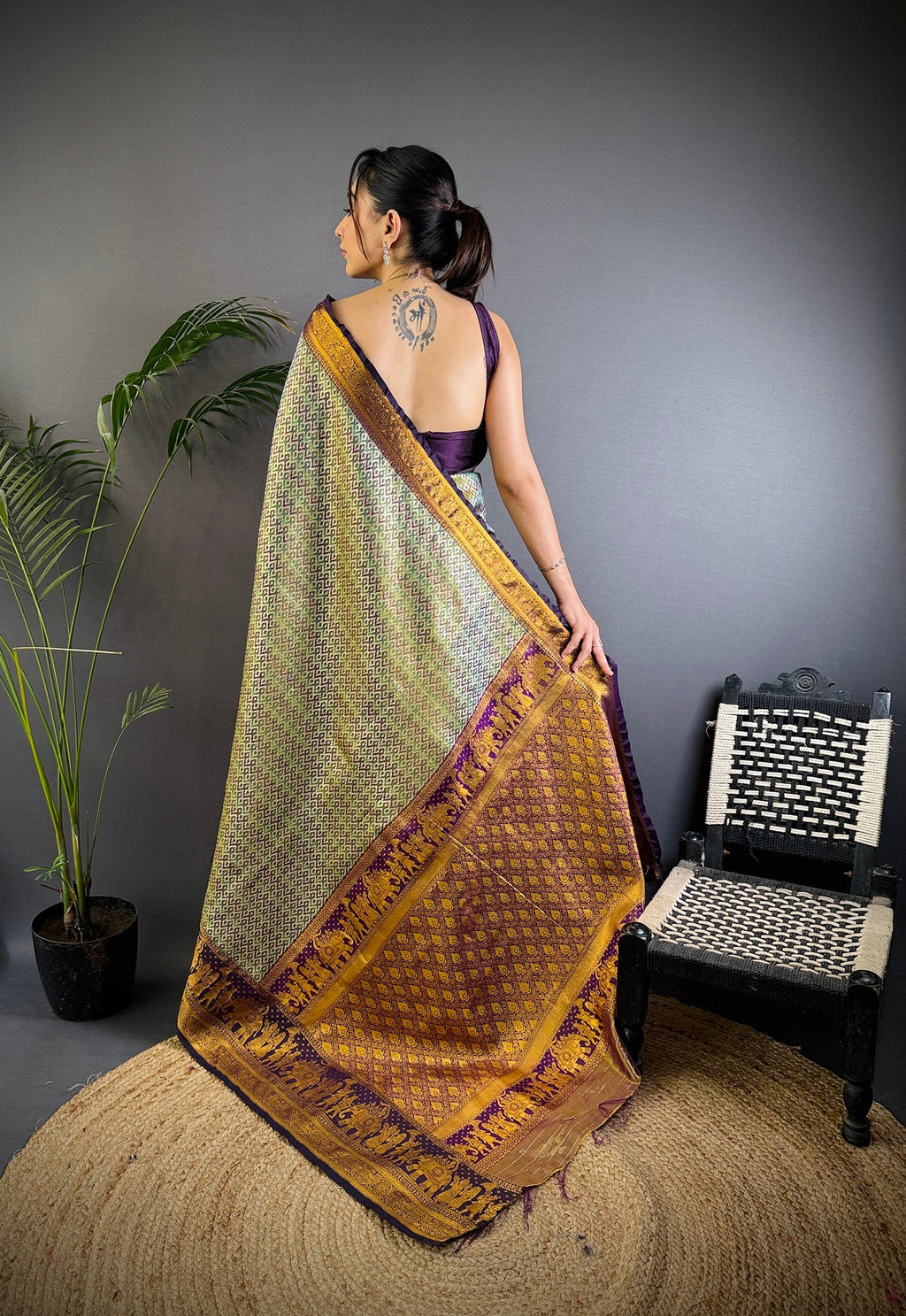 Elora Grey Silk Leheriya Meenakari Zari Weaves Dharmavaram Saree | Grocsy