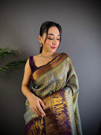 Elora Grey Silk Leheriya Meenakari Zari Weaves Dharmavaram Saree | Grocsy