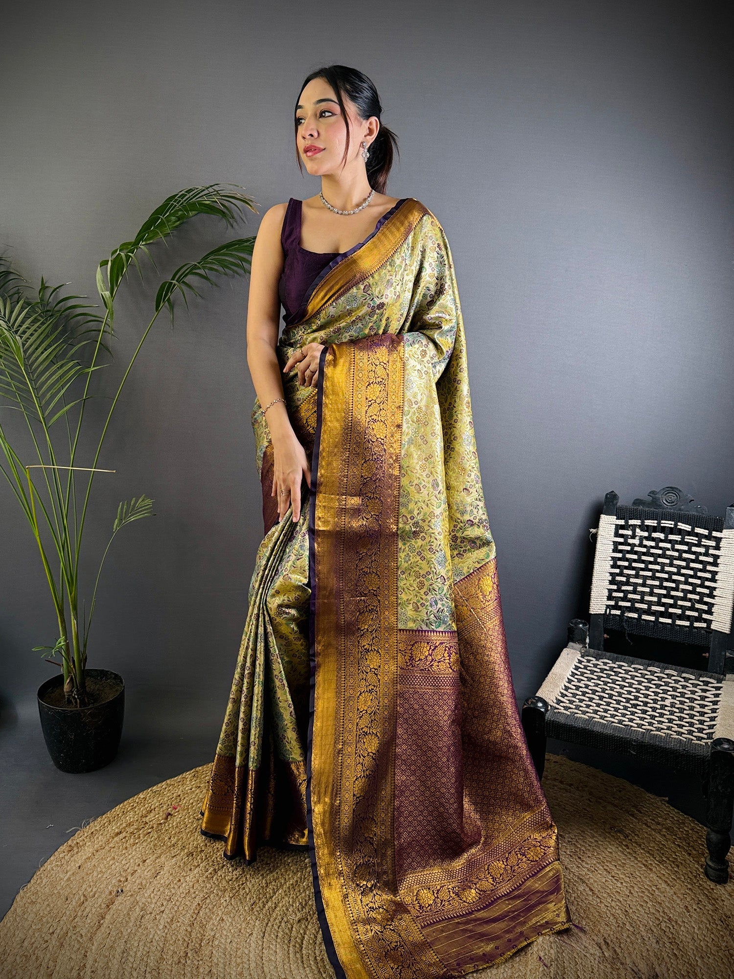 Elora Grey Silk Leheriya Meenakari Zari Weaves Dharmavaram Saree | Grocsy