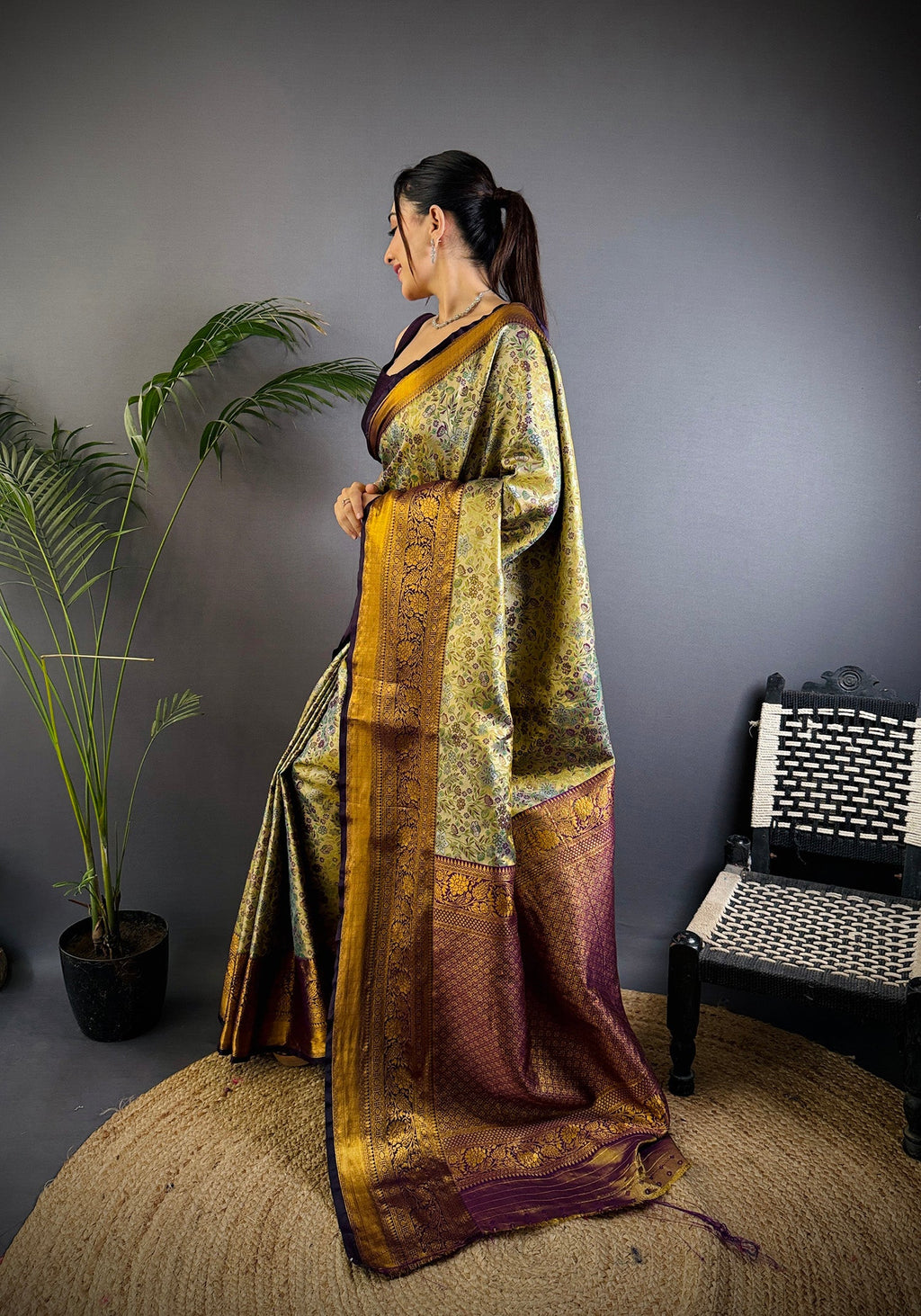 Elora Grey Silk Leheriya Meenakari Zari Weaves Dharmavaram Saree | Grocsy
