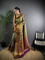 Elora Olive Silk Leheriya Meenakari Zari Weaves Dharmavaram Saree | Grocsy