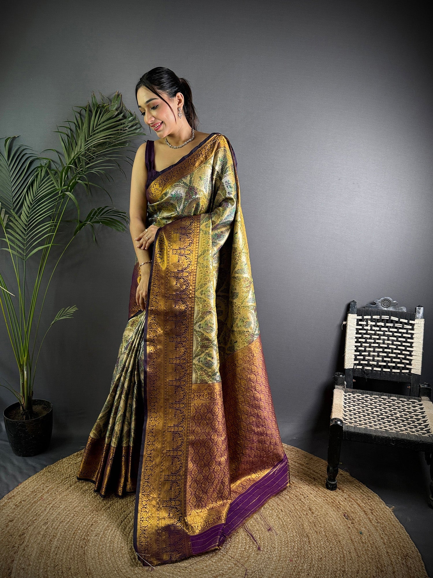 Elora Olive Silk Leheriya Meenakari Zari Weaves Dharmavaram Saree | Grocsy