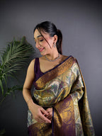 Elora Olive Silk Leheriya Meenakari Zari Weaves Dharmavaram Saree | Grocsy
