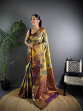 Elora Beige Silk Leheriya Meenakari Zari Weaves Dharmavaram Saree | Grocsy