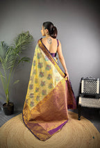 Elora Beige Silk Leheriya Meenakari Zari Weaves Dharmavaram Saree | Grocsy