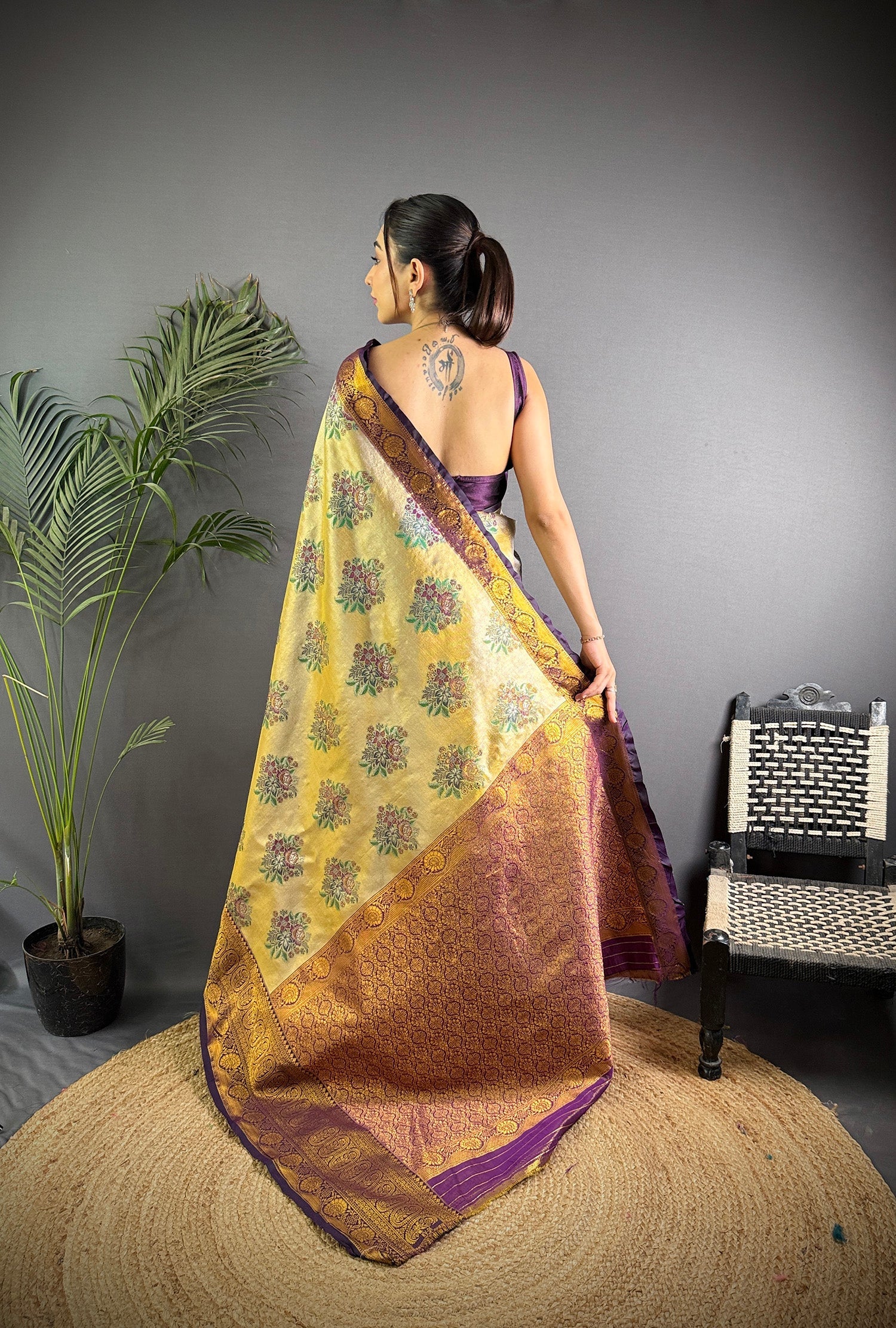 Elora Beige Silk Leheriya Meenakari Zari Weaves Dharmavaram Saree | Grocsy