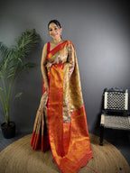 Elora Beige Silk Leheriya Meenakari Zari Weaves Dharmavaram Saree | Grocsy