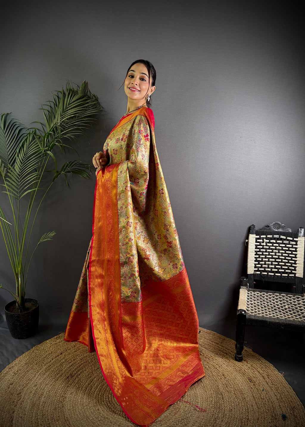 Elora Beige Silk Leheriya Meenakari Zari Weaves Dharmavaram Saree | Grocsy