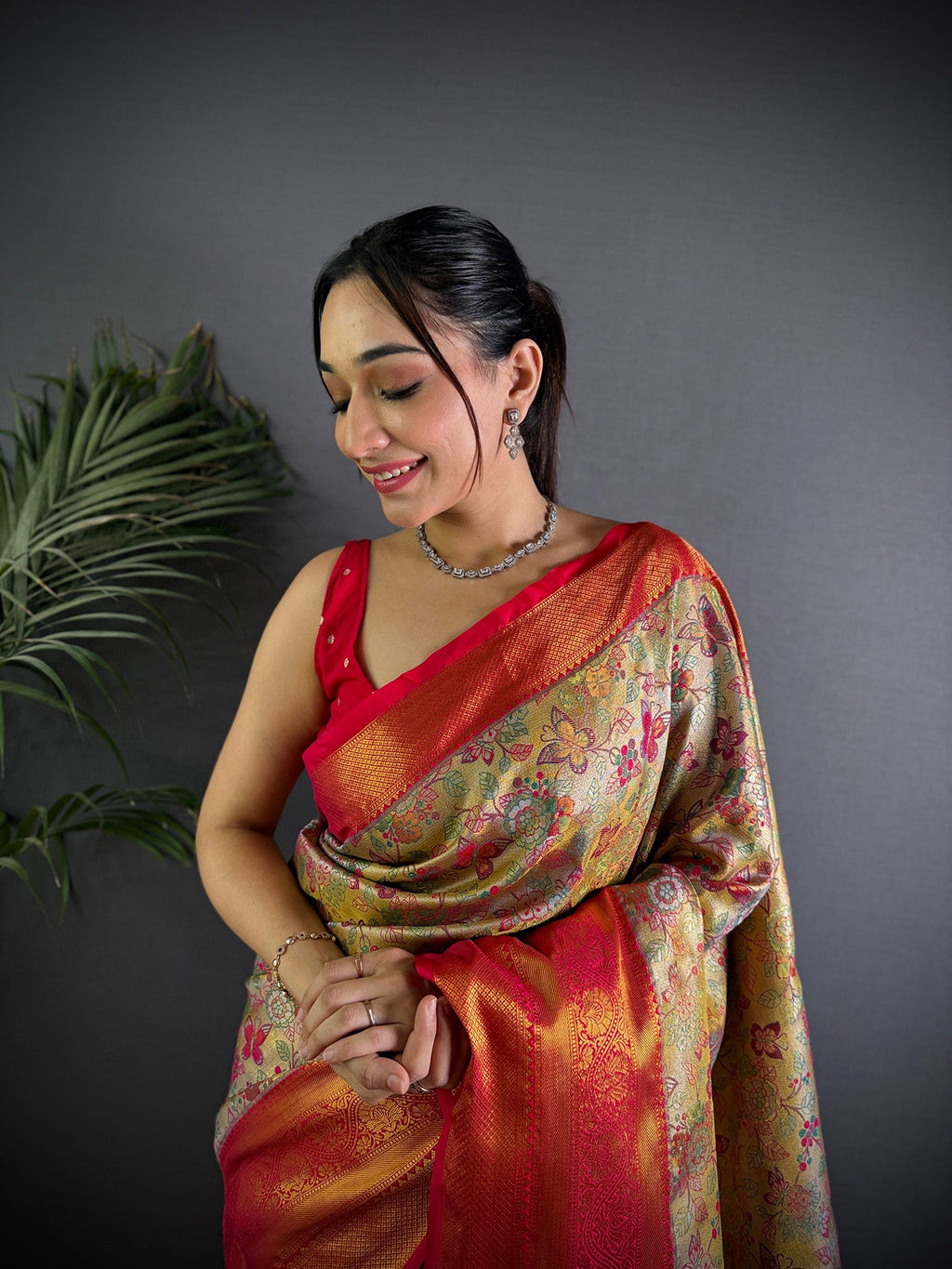 Elora Beige Silk Leheriya Meenakari Zari Weaves Dharmavaram Saree | Grocsy