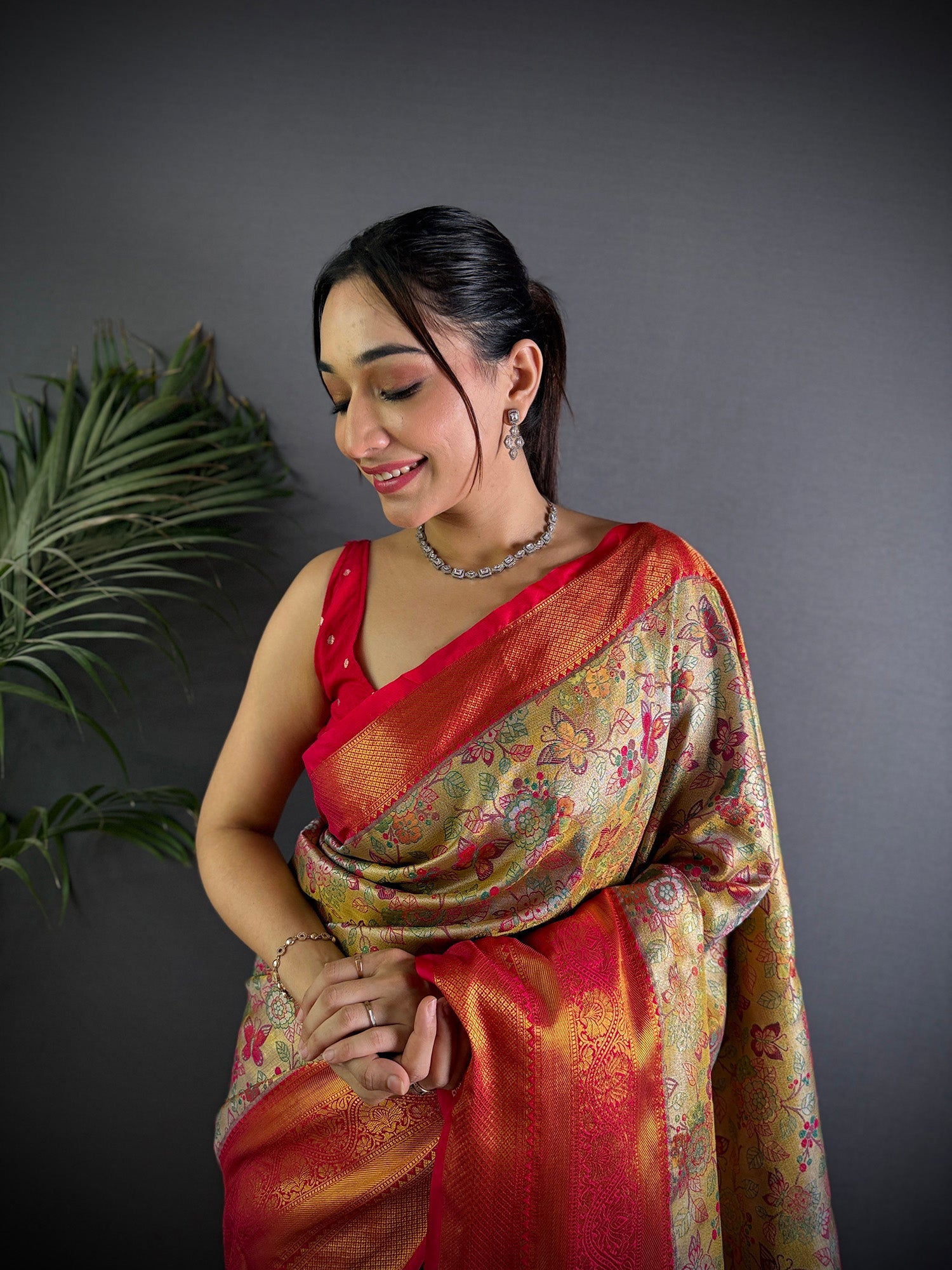 Elora Beige Silk Leheriya Meenakari Zari Weaves Dharmavaram Saree | Grocsy