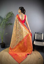 Elora Beige Silk Leheriya Meenakari Zari Weaves Dharmavaram Saree | Grocsy