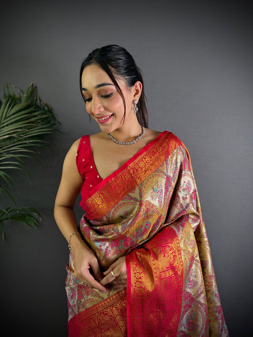 Elora Brown Silk Leheriya Meenakari Zari Weaves Dharmavaram Saree | Grocsy