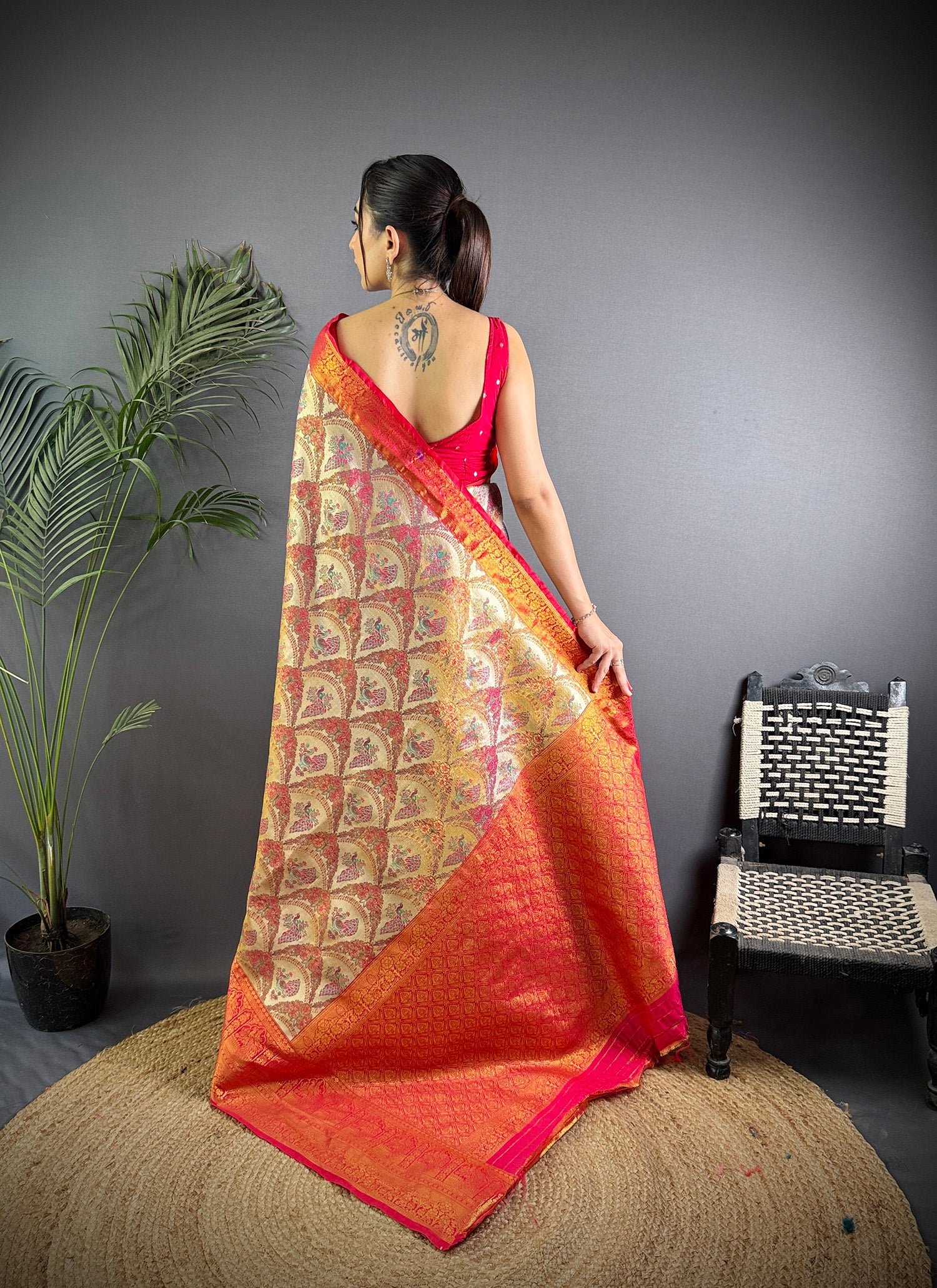 Elora Brown Silk Leheriya Meenakari Zari Weaves Dharmavaram Saree | Grocsy