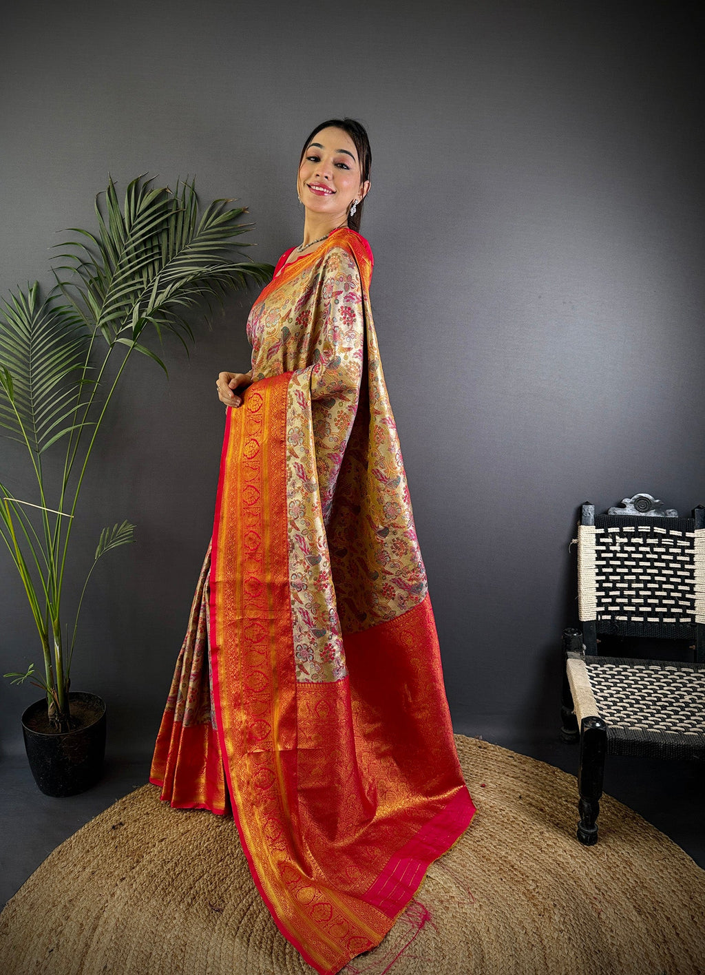 Elora Pink Silk Leheriya Meenakari Zari Weaves Dharmavaram Saree | Grocsy