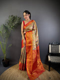 Elora Beige Silk Leheriya Meenakari Zari Weaves Dharmavaram Saree | Grocsy