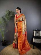 Elora Beige Silk Leheriya Meenakari Zari Weaves Dharmavaram Saree | Grocsy