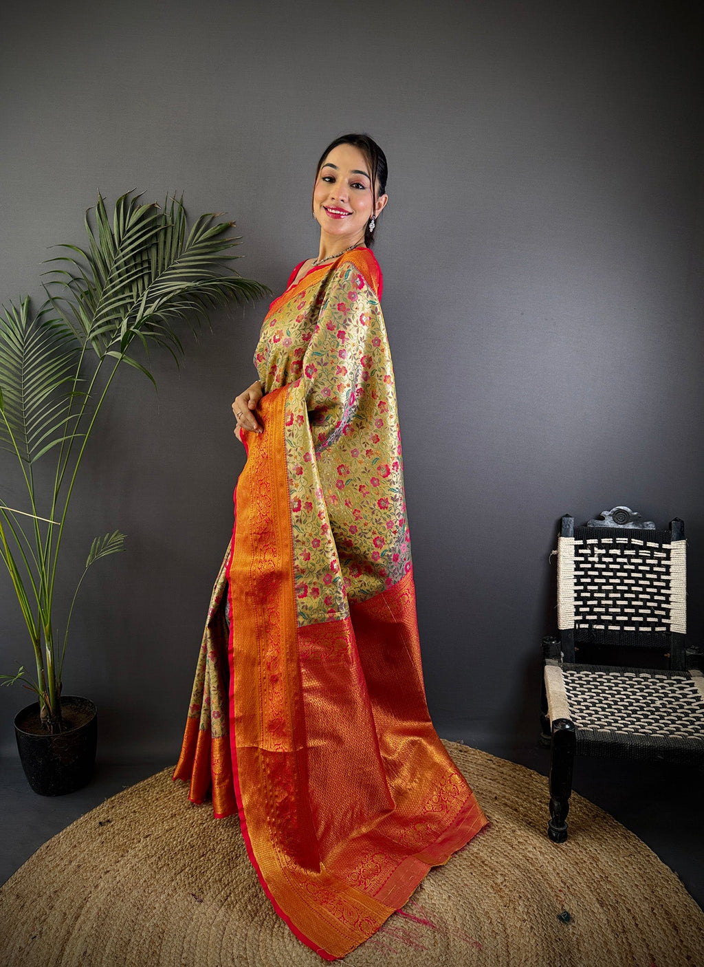 Elora Beige Silk Leheriya Meenakari Zari Weaves Dharmavaram Saree | Grocsy