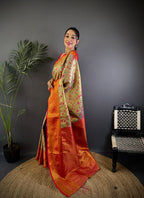 Elora Beige Silk Leheriya Meenakari Zari Weaves Dharmavaram Saree | Grocsy