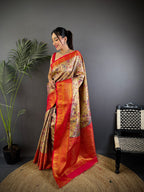 Elora Beige Silk Leheriya Meenakari Zari Weaves Dharmavaram Saree | Grocsy