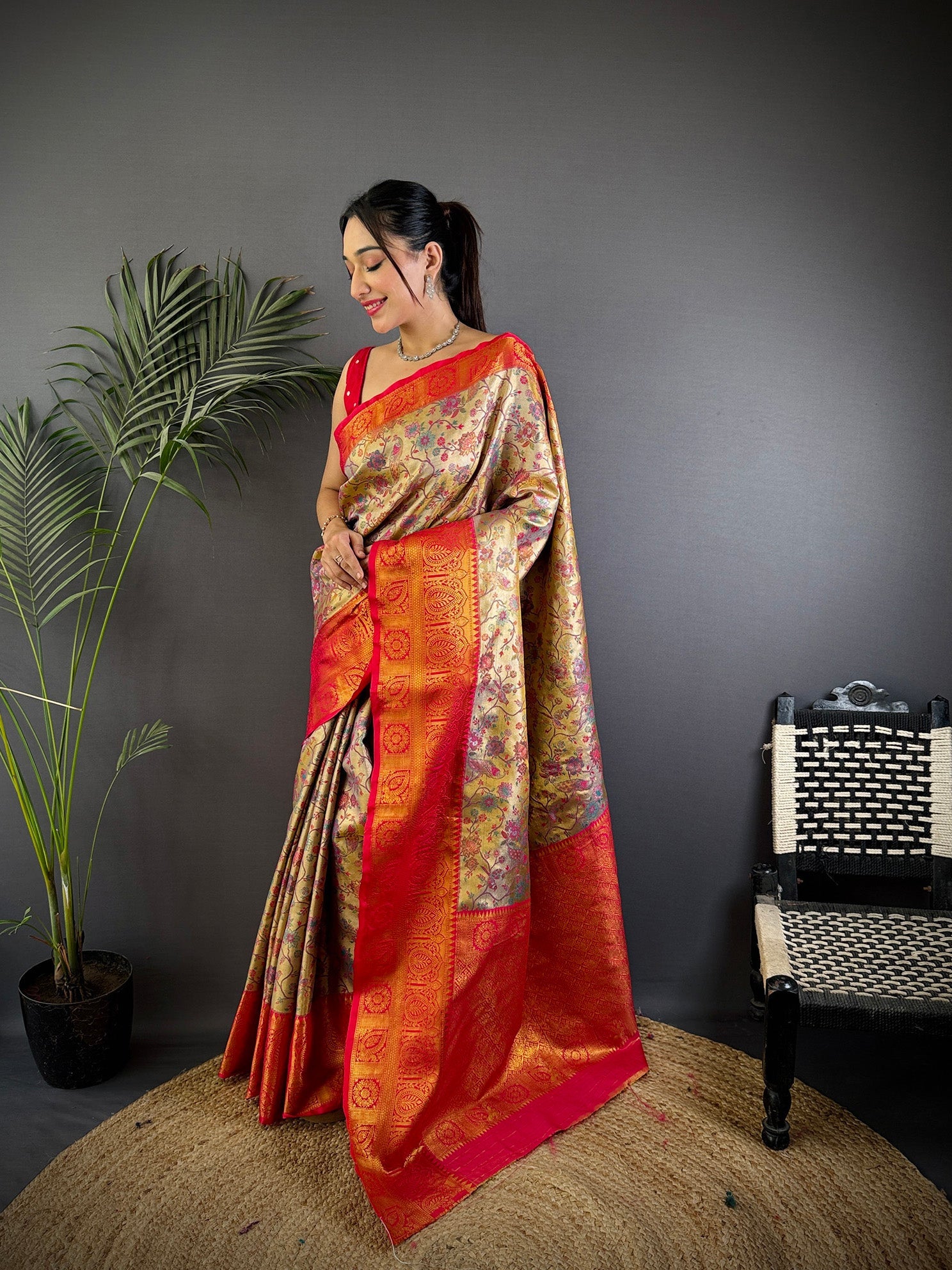 Elora Beige Silk Leheriya Meenakari Zari Weaves Dharmavaram Saree | Grocsy